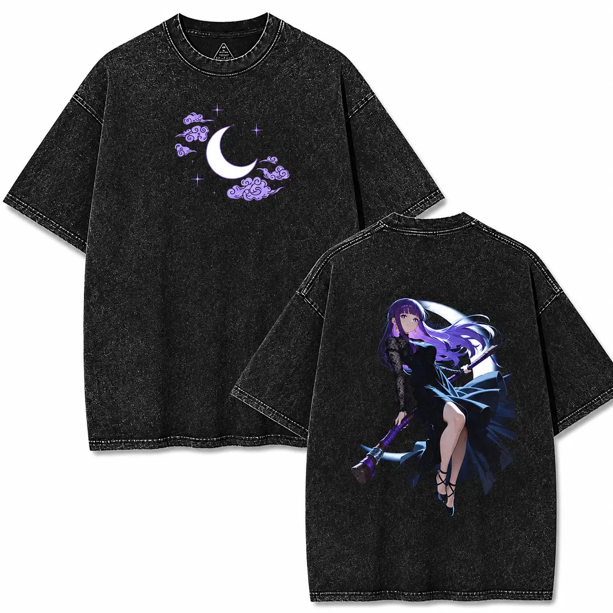Fern x Frieren Anime Oversized Washed Tee 260GSM with Magic Duo Graphic Back | “We Fight With Calm and Light” Cotton StreetwearRetro Anime Collector Drop Cotton Streetwear Men's T-Shirt  Vintage Washed Anime Print Tee Casual Crewneck