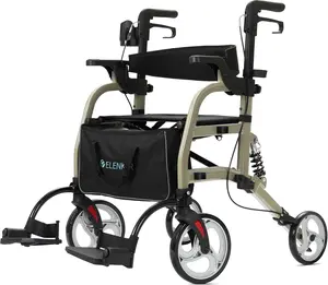 2 in 1 Rollator Walker & Transport Chair for Seniors, Folding Rolling Walker Wheelchair Combo with Wide Seat and Shock Absorber, Champagne