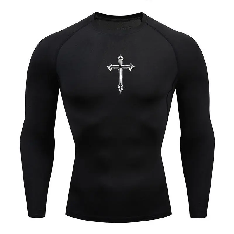2026 New Trend Men's Cross Print Compression Shirt Sports T-shirt Top Gym Training Running Base T-shirt Burn Protection