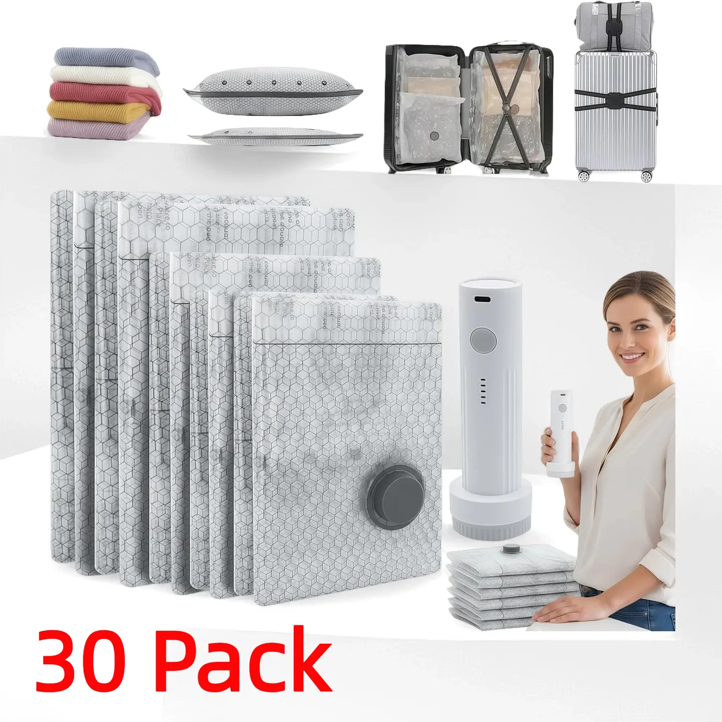 【2026 Upgraded】30 Jumbo Size Vacuum Bags ,Cordless Travel Vacuum Bag Set with Rechargeable Air Pump,Vacuum Sealed Bags for Clothing, Bedding, Blankets and Comforters, Space Saver for Luggage Packing and Moving,Compression Bag, Organiser Kit
