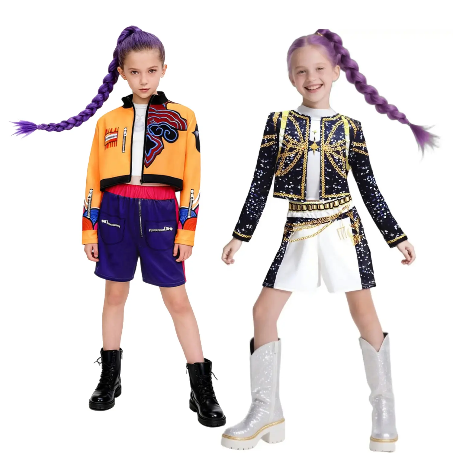Girls K-POP Rumi Mira Role Play Costume Set 3pcs Suitable for all seasons, featuring 3D printed patterns and a celebrity-inspired style designed specifically for children. Crafted from comfortable fabric to create a true superstar look.