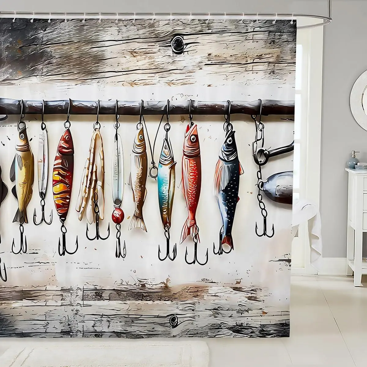 Fish Hook Bath Curtain Bass Fish Shower Curtain Rustic Lake Fishing Bathroom Accessories Farmhouse Bedroom Decor