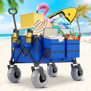 Beach Wagon with Big Wheels for Sand, 350lbs Heavy Duty Folding Wagon, Oversized 180L, 9" PVC All-Terrain Wheels, Adjustable Handle, Cooler & Storage Bags for Beach, Camping & Outdoor Sports