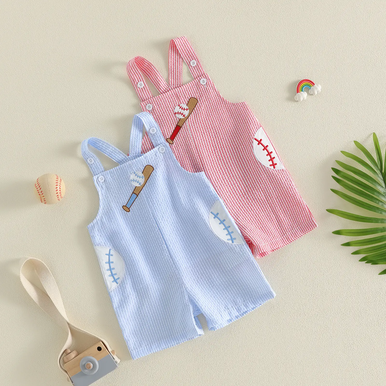 Afunbaby Newborn Baby Boy Girl Summer Outfit Baseball Embroidery Romper Jumpsuit Sleeveless Smocked Bodysuit Overalls Clothes