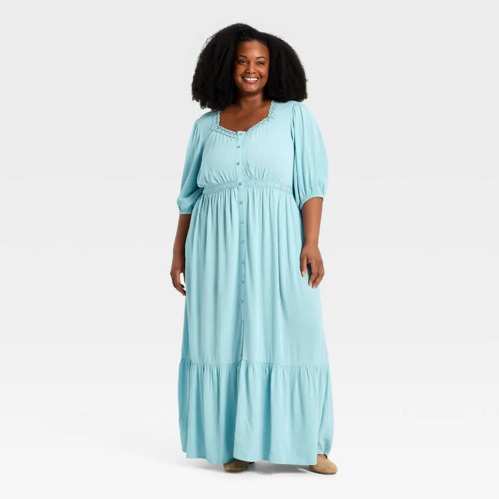 Women's Elbow Sleeve Button-Front Lace Trim Maxi Dress - Ava & Viv