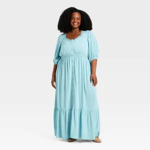 Women's Elbow Sleeve Button-Front Lace Trim Maxi Dress - Ava & Viv