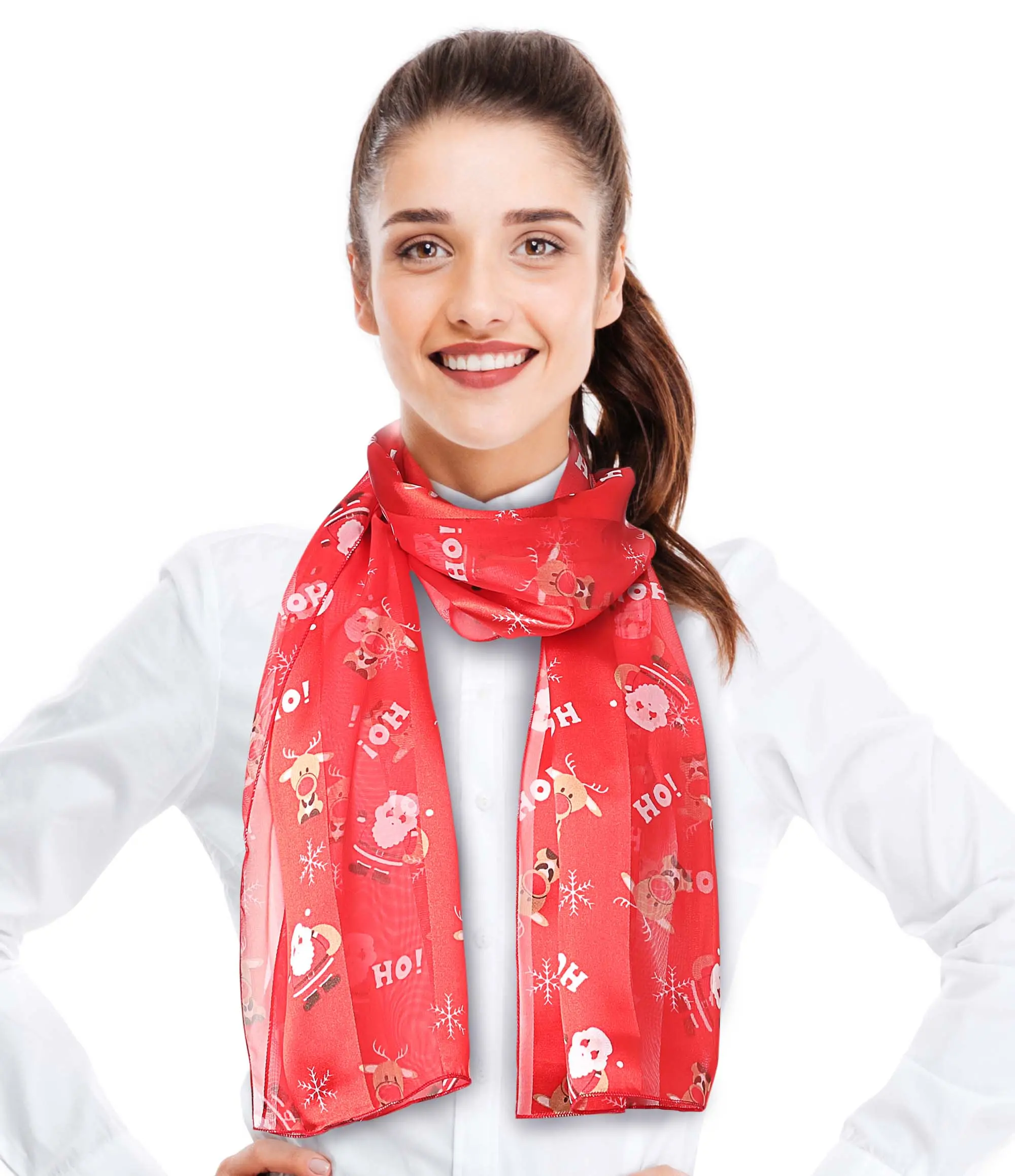 CBC Crown Women's Lightweight Basic Christmas Scarf - Red, 13"x60", Silk-Feel Polyester Fabric, Santa-Claus HoHo Print, Comfortable, Hand Washable, Fashion Accessory, Hand Wash, 13" X 60", 60 Inches