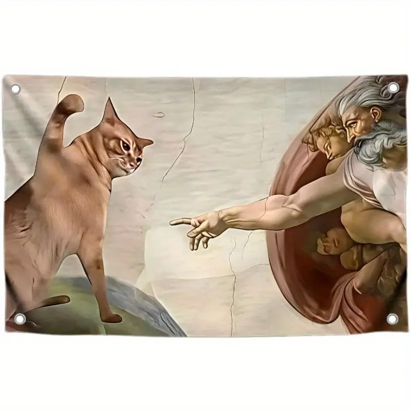 91.44x152.4cm Michelangelo's David Cat Meme Tapestry - Humorous Renaissance Art Parody Banner, Durable Polyester, Grommets, Weather-Resistant Easy-to-Hang, Banner Art Tapestries Artistic Artwork for Dorm Indoor/Outdoor Home Decor, Artistic Tapestry Tapest