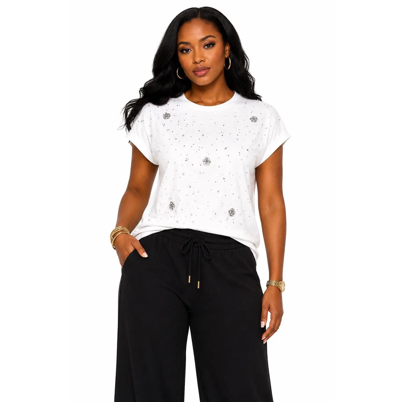 Women's She's the Spark Crystal-Embellished T-Shirt, White - Versatile for Day Wear, Pairable with Skirts, Blazers, Twist Detail, Fabric