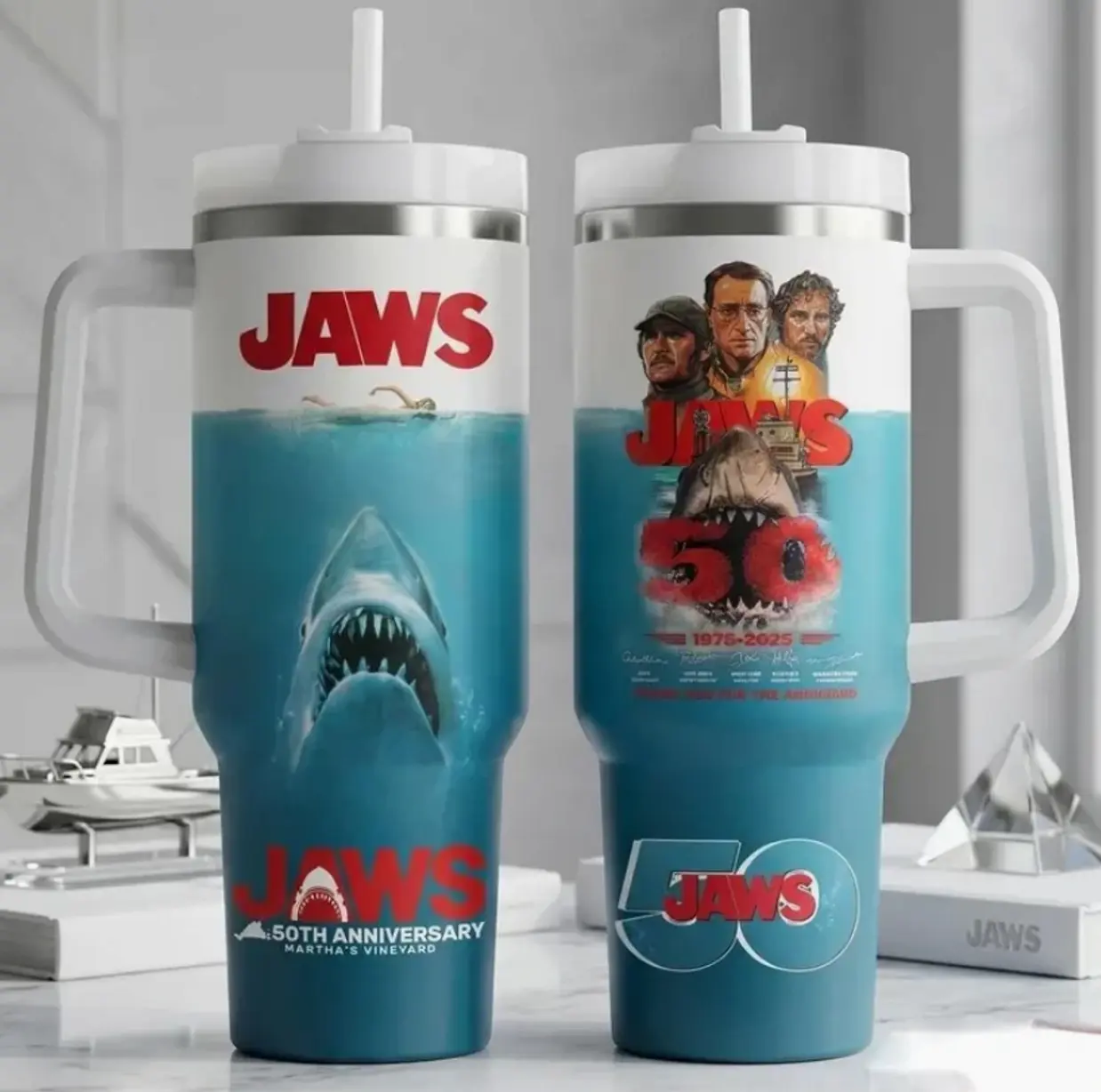 Vintage Great White Shark 40oz Tumbler with Handle – Retro Ocean Thriller Movie Fans Gift Cup