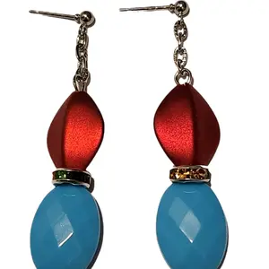 Silver Chain Drop Earring with Dark Red and Light Blue Beads For Women Female Male Casual Elegant Ethnic Retro Baroqu Fabric Plastic stretched  ear  hoops fashion jewelry gift ideal