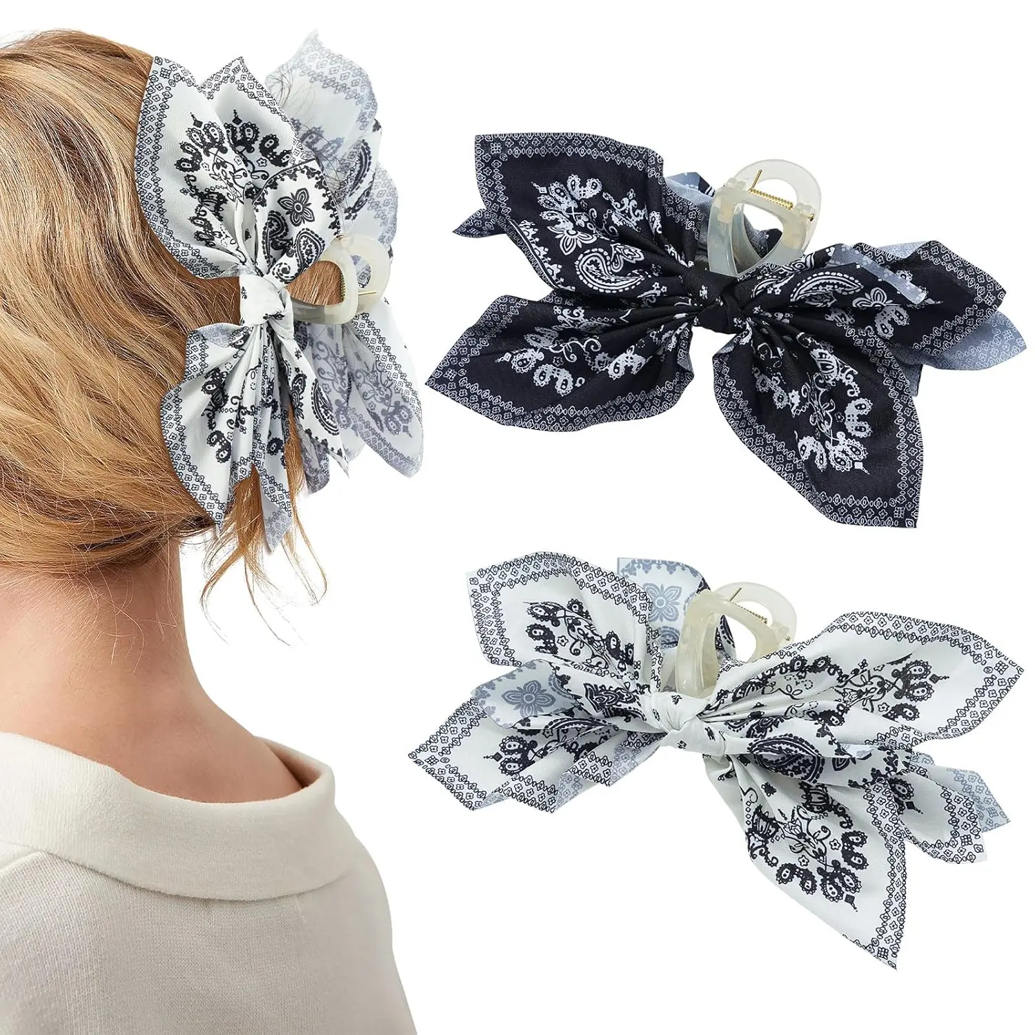 2 Pack Bow Claw Clips Chiffon Cloth Butterfly Hairclips, Nonslip 5.1" Large Paisley Hair clips for Thin and Thick | Plastic  Hold Hair Jaw Clamps (White Cashew, Black Cashew)