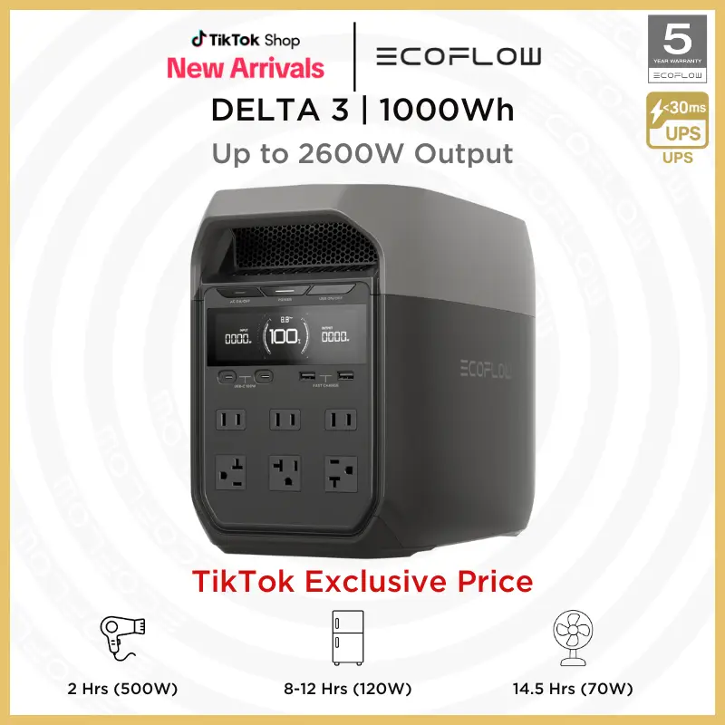 DELTA 3 Series, 1kWh LFP Battery for Home Backup, Camping&RV Solar Generator (Solar Panel Optional) with 500-1000W Solar Input, Electric Generator + U