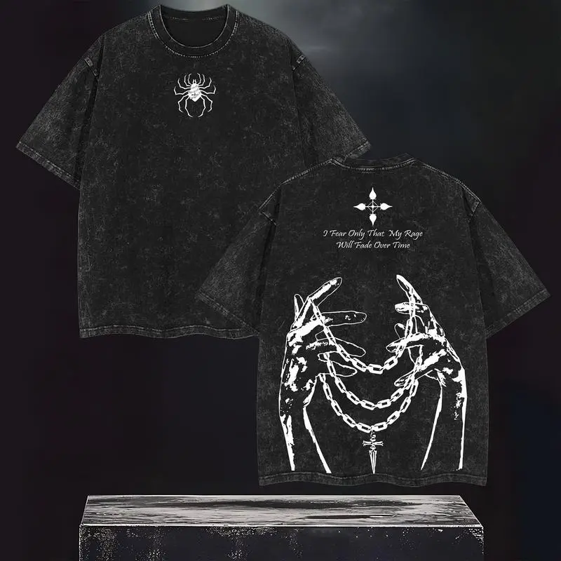 Unisex Classic Tshirt with Anime Judgement Chain Graphic, Acid Washed Oversized Streetwear in 100% Cotton, Valentines Day Gift, Shortsleeve, Fabric, Otaku Style, Cartoon Style, Childrens Day, All Seasons, Graphic Print, Soft Cotton, Basics, Casual, Digita
