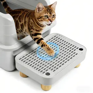 Litter Box Step, Litter Box Ramp/Catcher with Wooden Base, Anti-Tracking & Easy to Clean, Ideal for Small & Elderly Cats (Grey)