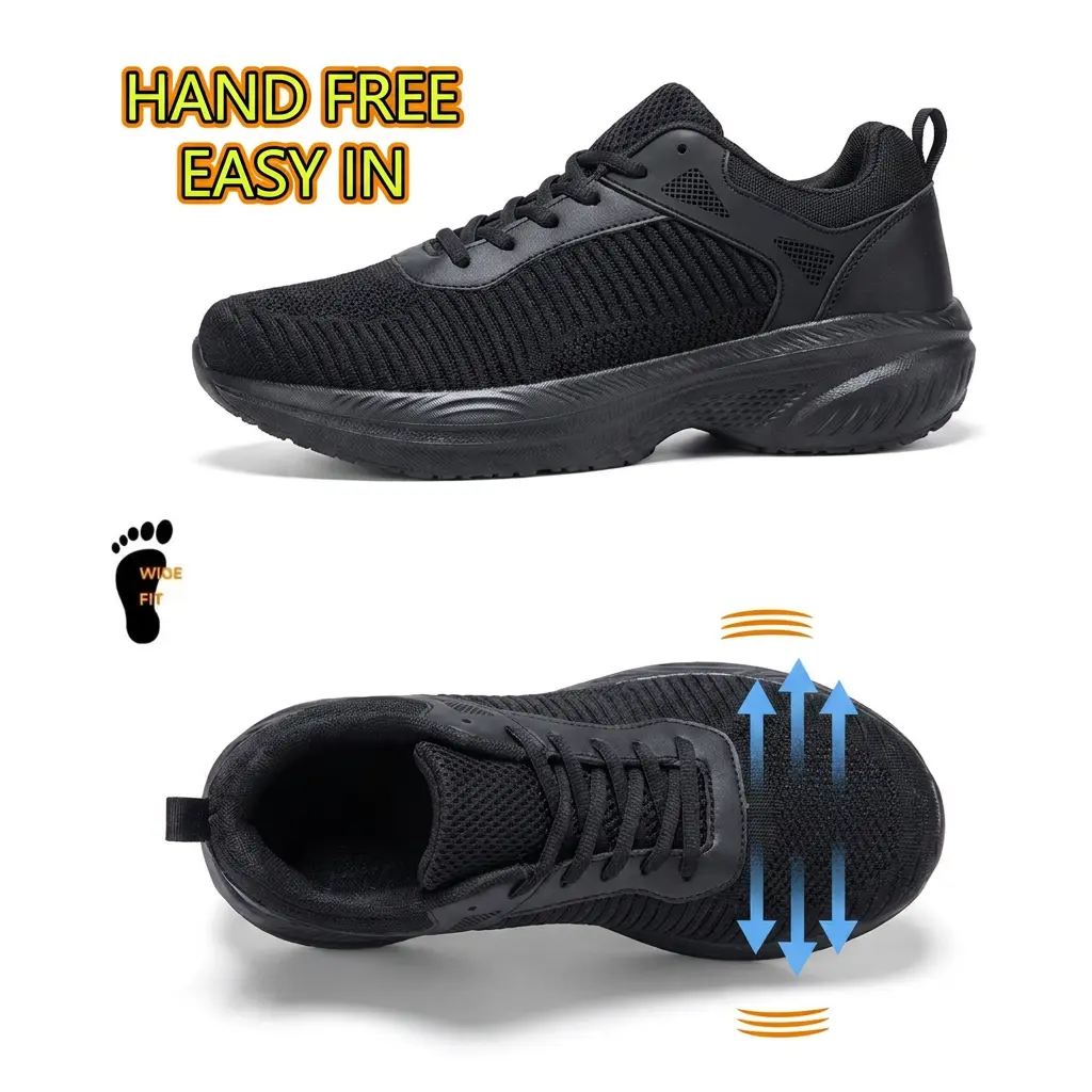 Wide Fit Men’s Ventilated Hollow Fly Knit Athletic Shoes, Easy In Hands-Free Step-In Design PU Reinforced Casual Platform Sneakers, Shock Absorbing Thick Foam Sole Breathable All Season Commuting Trainers