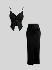 Classic Elegant Fashion Women's Simple High Value Solid Color Fitted Skirt Set, Trendy Casual Wear, Perfect for Daily