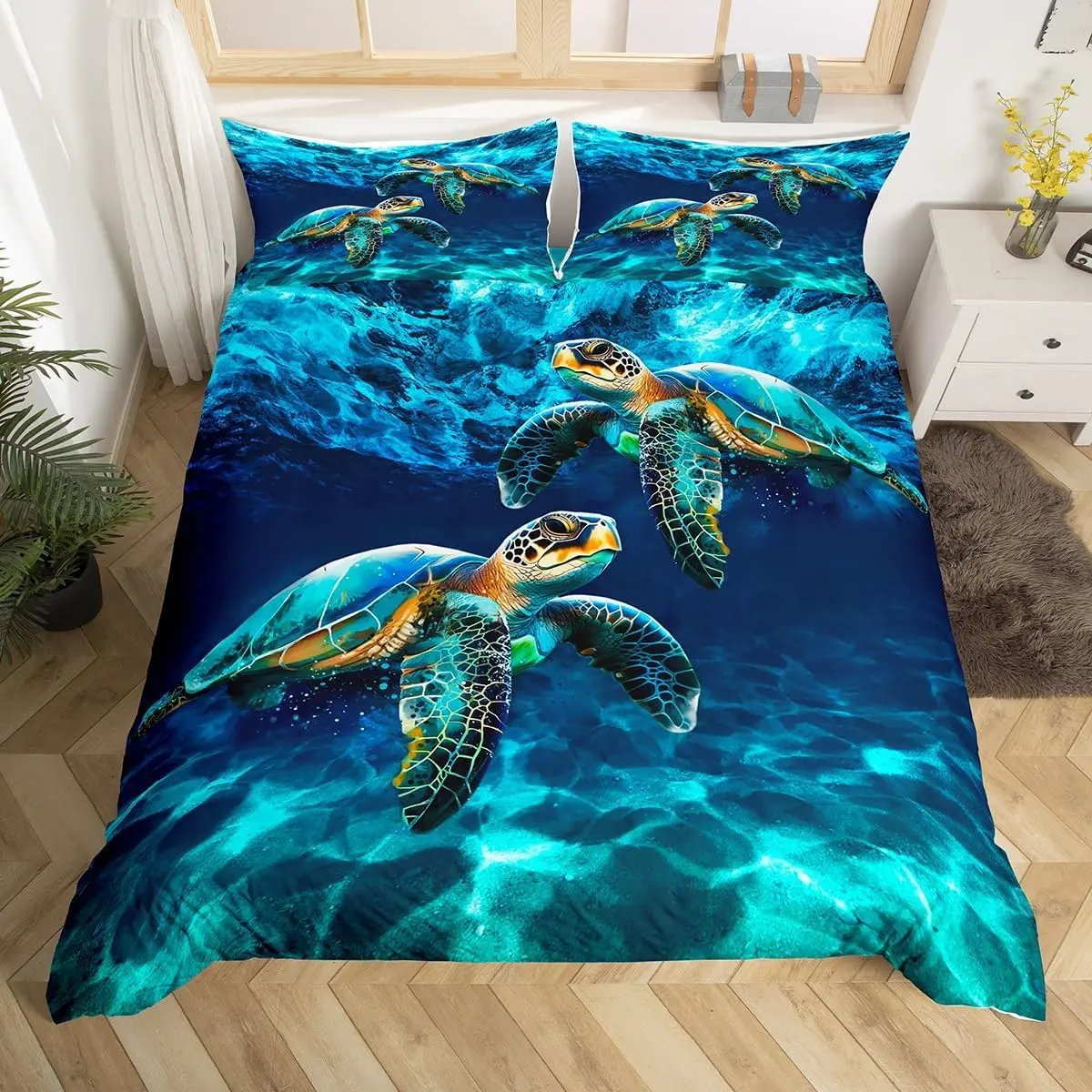 Sea Turtle Duvet Cover,Hawaii Tropical Marine Life Bedding Set Room Decor,Mystic Deep Sea Themed Comforter Cover Fantastic Blue Quilt Cover
