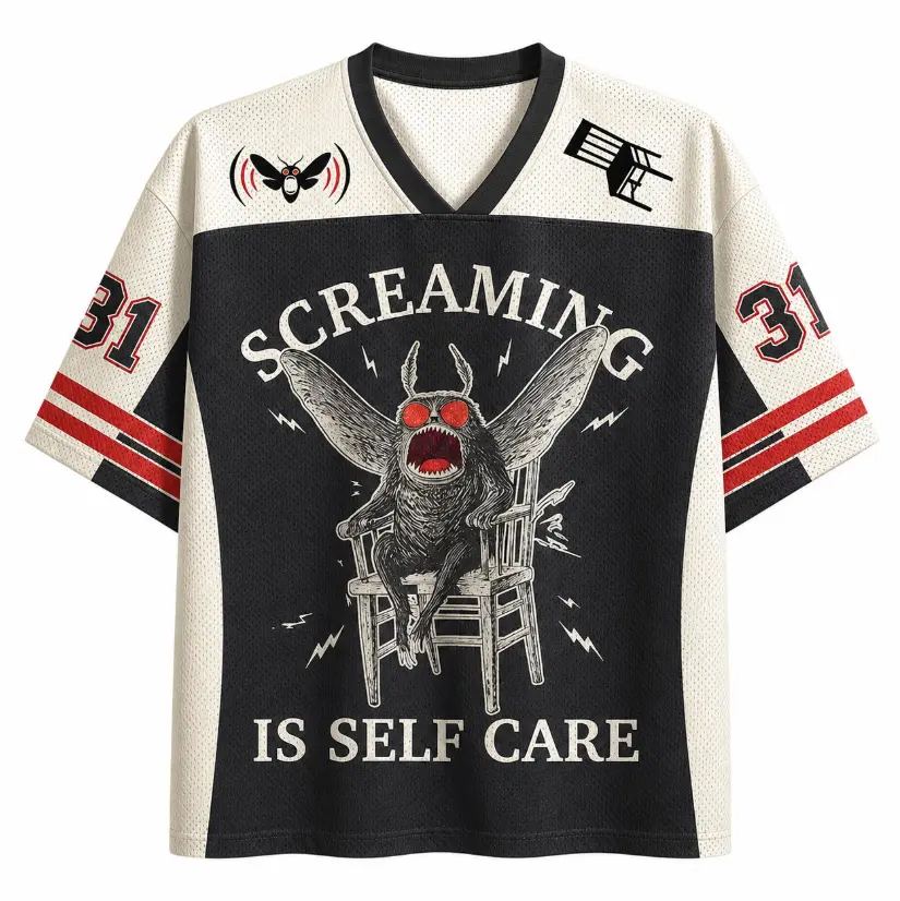 Screaming Mothman Horror Football Jersey, Funny Cryptid Sports Shirt, Vintage Gothic Monster Tee, Halloween Streetwear Jersey