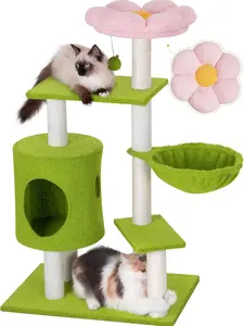 Flower Cat Tree, 41.2'' Cat Tower with Scratching Post and Cat Condo, Cute Cat Tree Tower for Indoor Cats with Hammock, Pink Top Perch, Fluffy Ball and Bell for Small Medium Cats