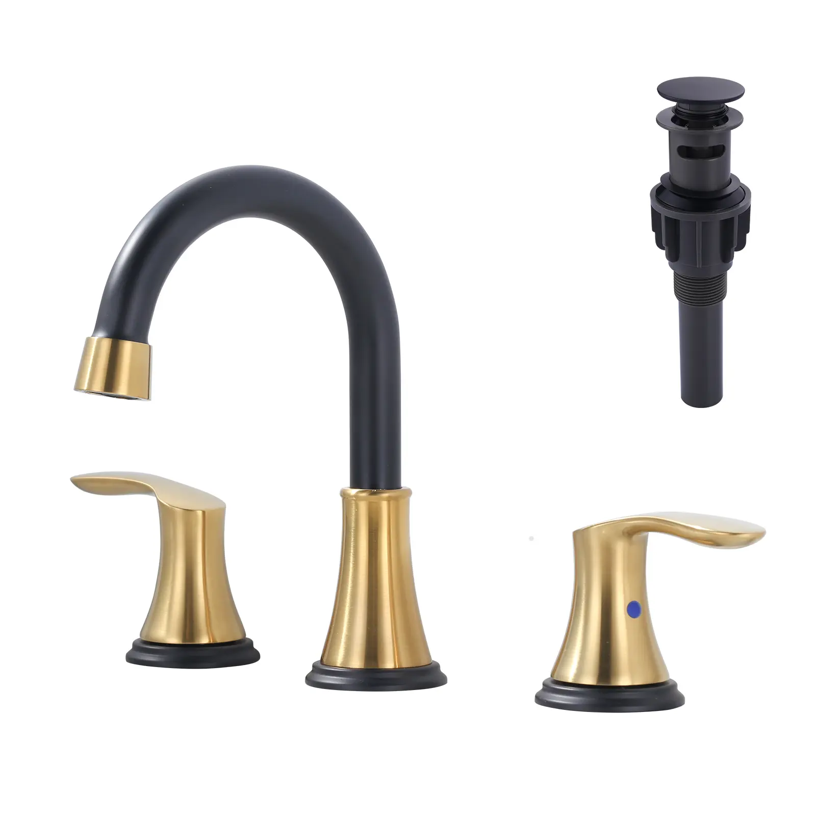 WOWOW 8 in. Widespread 2-Handle 3-Hole Bathroom Faucet, Metal Drain Assembly, Quick Connect, Drip-Free Swiveling Spout, Water-Saving, DIY-Installable, Modern Glam Black and Gold Tap