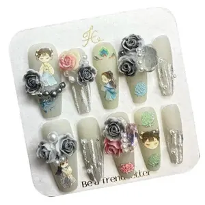 Y79 Wonderland Grey rose medium long ladder press on nail Acrylic Soft Gel Acrylic Powder Glitter
