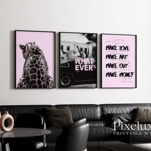 Pink Aesthetic Leopard Wall Art Set, Pink Black Y2k Fashion Print, Preppy Stylish & Cool Girl Aesthetic Art for Dorm Room, Collage Apartment