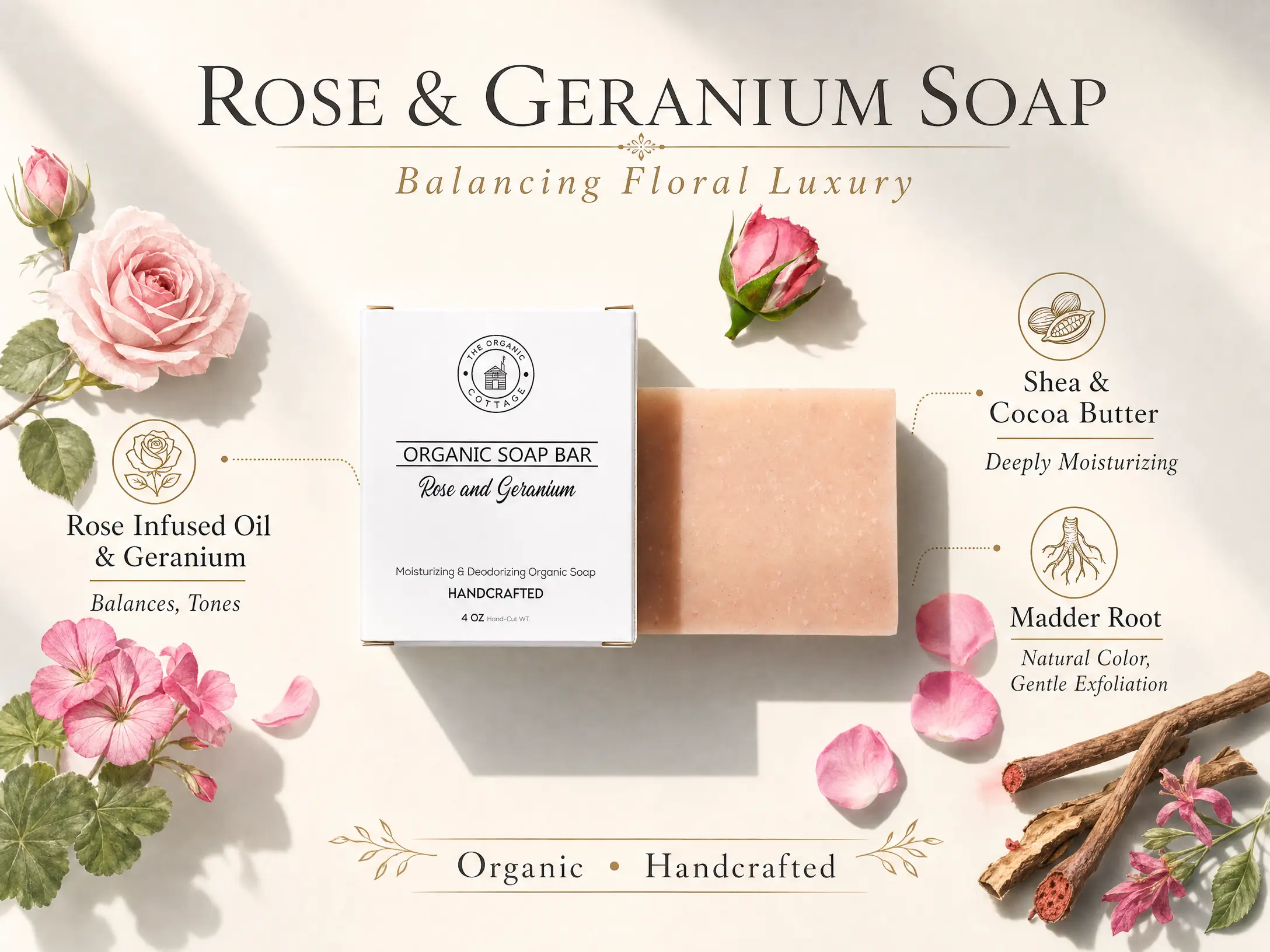 The Organic Cottage Rose and Geranium Soap Bar Handcrafted Moisturizing & Deodorizing 4 Oz Bar Soap
