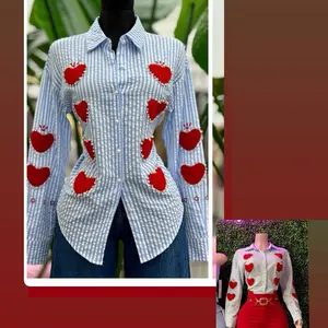 Heart Blouse Long Sleeve - Blue and White Striped with Red Heart Embroidery for Women Shirts Top Womenswear