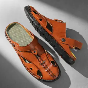 Men's Casual Closed Toe Adjustable Leather Sandals Handmade Fisherman Beach Sandals