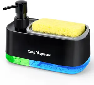 Kitchen Dish Soap Dispenser Set，Dish and Hand Soap Dispenser with Sponge Holder, 3-in-1 Countertop Sponge Dual Soap Pump Dispenser for Kitchen Sink - Black