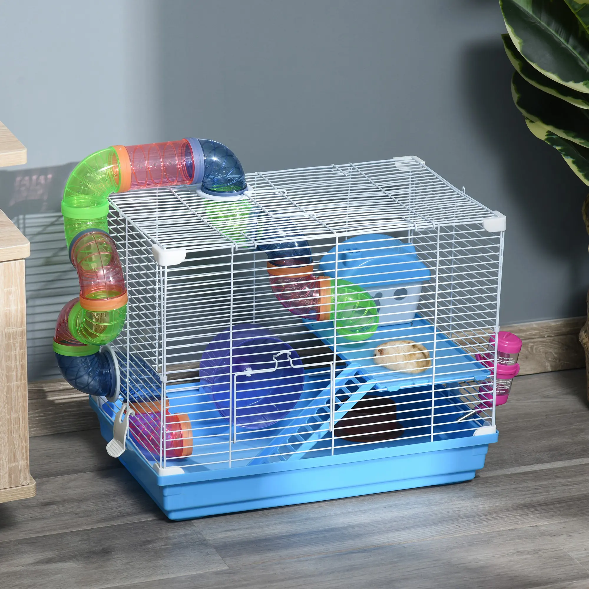 2-Level Metal Wire Hamster Cage - Small Animal Habitat for Hamsters, Gerbils with Exercise Wheel, Play Tubes, Water Bottle, Food Dishes, Interior Ladder