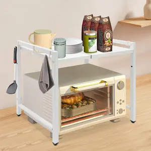 Extendable Microwave Oven Rack, 2 Tiers Adjustable Microwave Stand White Oven Shelf Kitchen Countertop Organizer with Hooks Holder