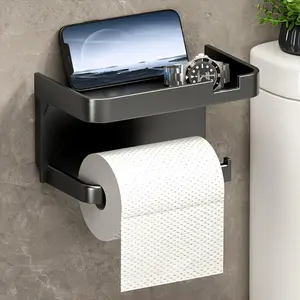 HomeDailyEss Toilet Paper Holder with Phone Shelf, Self-Adhesive or Screw-in Toilet Tissue Roll Holder Wall Mount, Rustproof & Multifunctional Bathroom Toilet Paper Holder Storage Dispenser, Toilet Paper Organizer, Wall Mounted Dispenser