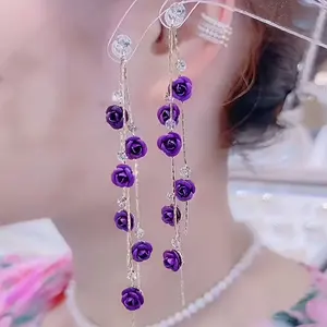 Red/ Purple Flower Shiny zirconia Decor Dangle Earrings Elegant Sexy Style Alloy Jewelry Wedding Accessories