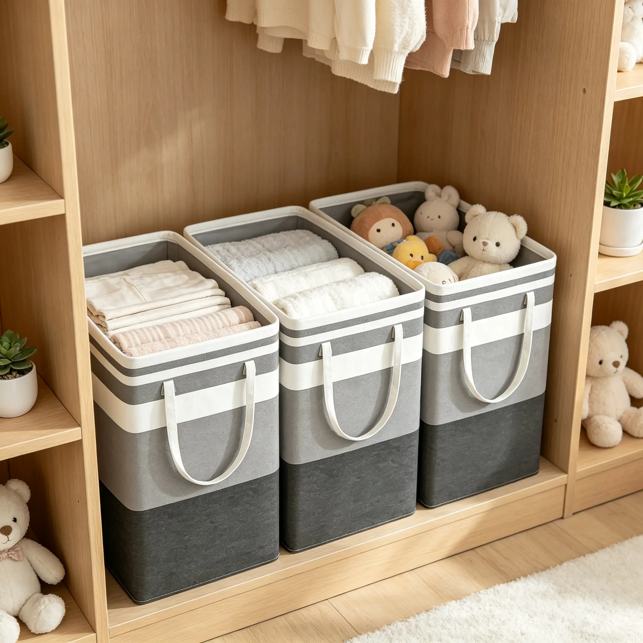 75L Modern Oxford Fabric 3-Piece Freestanding Waterproof Laundry Basket Set - Foldable High-Capacity Dirty Clothes Storage Bin with Thick Carry Handles, Mildew Resistant, Gradient Stripes, Ideal for Daily Bathroom, Bedroom Use
