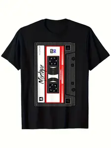Men's 80s 90s Retro Cassette Tape T-Shirt - Vintage Music Mix Cassette Player Design with Iconic Red & White Retro Tapes, Loose Fit Crew Neck Short Sleeve, Machine Washable All-Season Casual Wear for 80s 90s Nostalgia Fans & Music Lovers