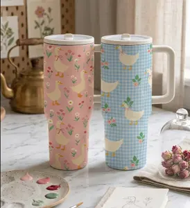 40oz Duck Floral Tumbler 2026 – Insulated Stainless Steel Travel Mug with Handle & Lid, Pastel Aesthetic Cup, Keeps Drinks Cold 12h Hot 6h