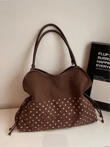 Large capacity vintage suede tote bag with leopard pattern, Fashionable patterned bag, Handcrafted bag, shoulder bag, niche drawstring design, comfortable suede texture, daily commuting armpit bag, shopping and travel bag