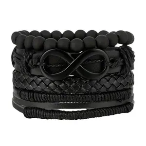 4Pcs Black Leather & Beaded Bracelet Set, Infinity Symbol Stackable Wristbands, Matte Black Beaded Braided Bracelets for Men