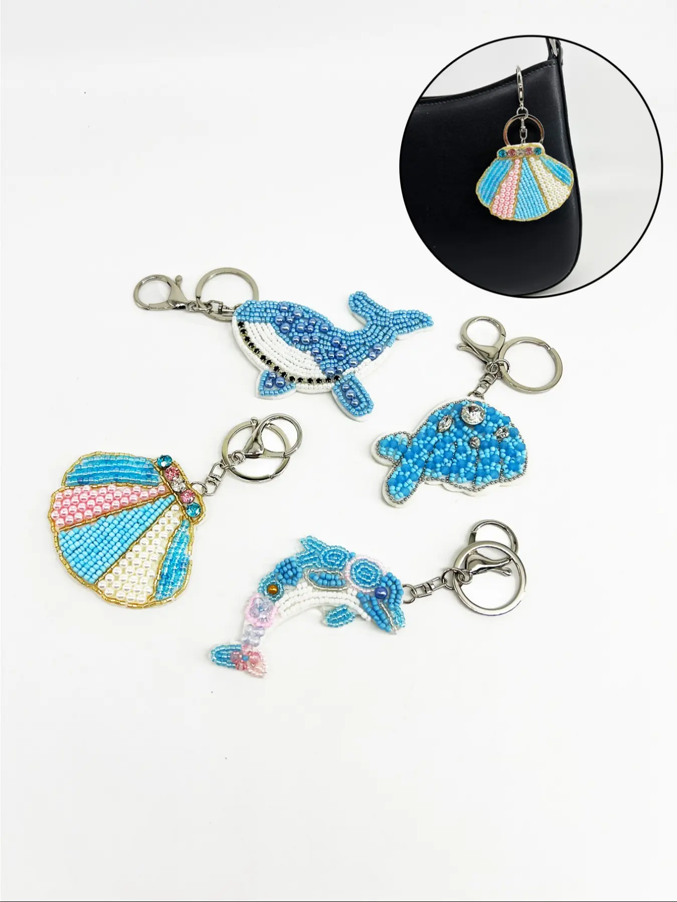 Ocean Life Bag Charm Handmade Sewn Bag Patch Jellyfish Bead Fringe Pendant, Unique Marine Theme Accessory for Bags & Backpacks, Backpack Accessories, Stylish Backpack Charm, Bag Charm Keychain, Backpack Bag Charms, Purse Accessories Charm