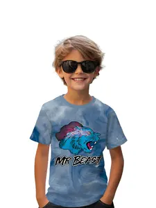 Boys' Mr. Beast Tiger Print Short Sleeve T-Shirt, Blue Swirl Casual Top, Slim-Fitting, All Seasons, Cartoon Pattern, No Button or Zipper, Funny Print Shirts, Animal Graphic Tee
