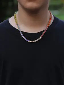 18k Gold Plated Rainbow Circle Pendant Necklace, Multicolor Cubic Zirconia, Colorful Cz Hoop, Hip Hop Jewelry Gift for Women