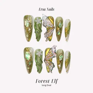 ErsaNails FOREST ELF - Long Oval 10 PCS Handmade Press On Nails | Metallic, 3D Flower & Gliter