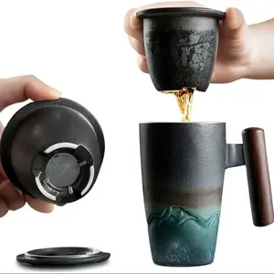 Ceramic Teacup Set, Creative Retro Cups, Handmade Ceramic Coffee Cups with Filters, Lids Can Also Be Used As Coasters.A Wonderful Gift for Tea Lovers, A Truly Eye-Catching Present.