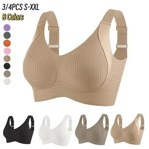 3/4PCS Ribbed Push-UpSeamless Bra Set Soft Comfortable SolidFour-breasted Adjustable Straps Wire-FreeSupport for Daily Wear Ultra-Soft BreathableFabric Bralette for Women Full Coverage S/M/L/XL/XXL