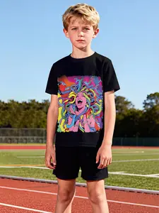 Colorful Medusa Two-Piece Short Sleeve and Shorts Set, 100% Polyester Casual Loose-Fit Outfit, Summer Fun Printed Pattern, Outdoor Sports T-Shirt Set, Perfect Gift for Boys