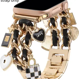 1 fashionable small fragrance metal double chain strap, suitable for Apple Watch 38/40/41/42/44/45/46/49mm, suitable for Apple Watch Ultra/SE/11/10/9/8/6/5/3/2/1 series, (strap only)