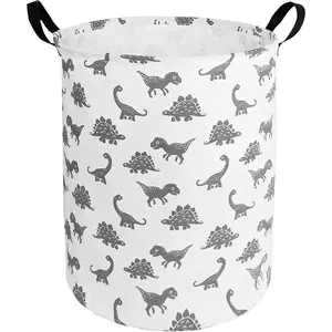 Round Dinosaur Pattern Laundry Hamper Storage Basket Fabric Material Storage Hamper Organization Basket, Storage Bin, Gift Box with Handles for Room