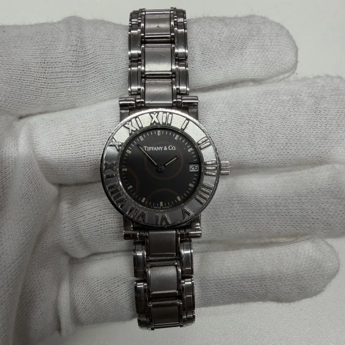 Pre-owned Tiffany & Co. As Shown Shoulder Bags Atlas Date Black Dial Stainless Steel Quartz Watch 16.5cm 14148